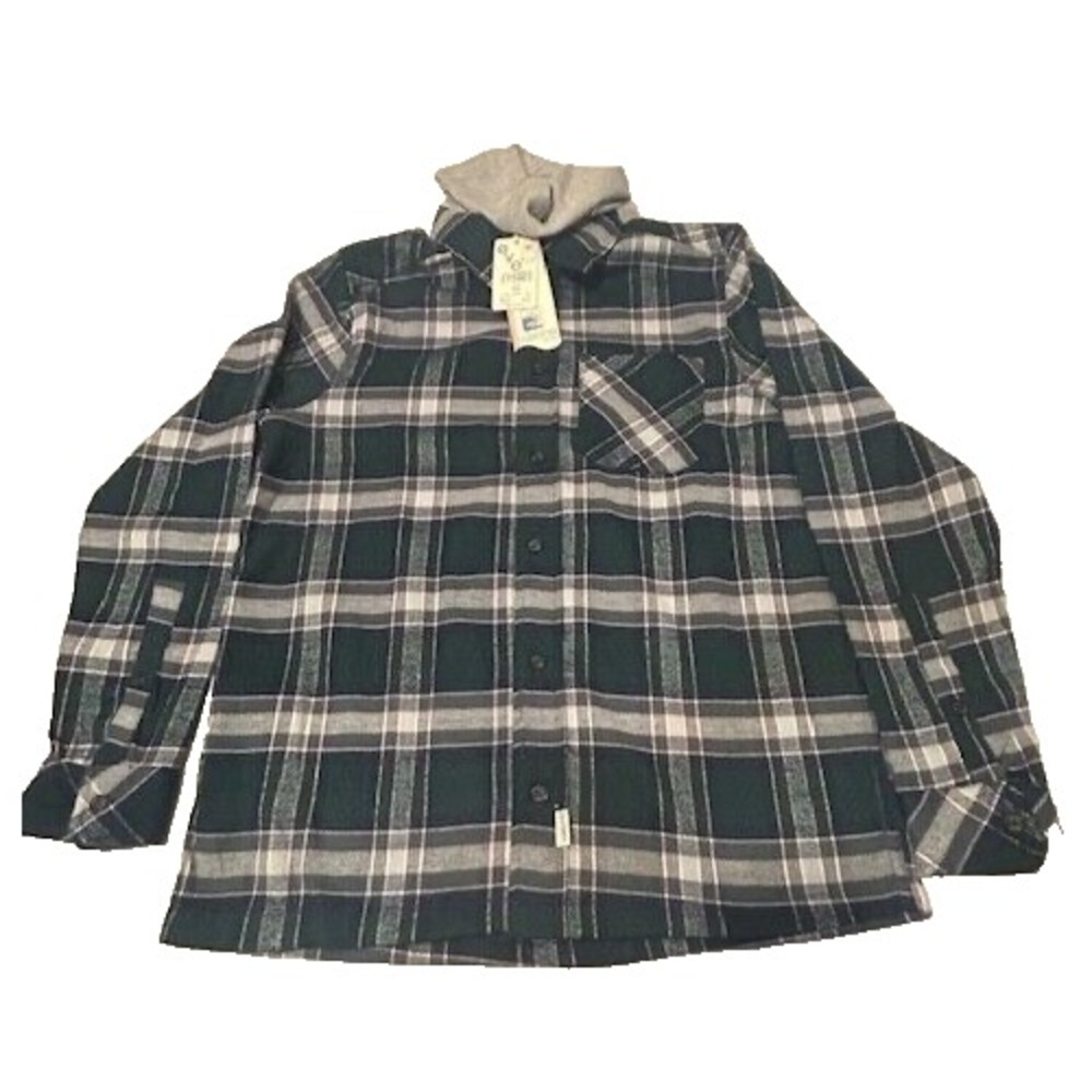 LAGUNA Men's Over Shirt Flannel Plaid Hooded Button Up Green White NWT -‎ Size L